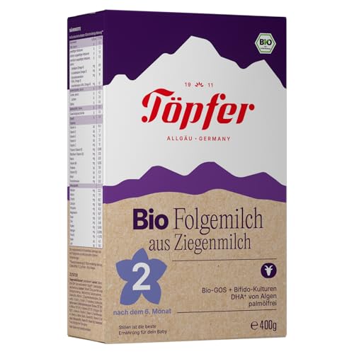 Töpfer Bio Folgemilch 2 aus Ziegenmilch – palmölfrei – Bio-Folgenahrung ab dem 6. Monat – mit Bio-GOS & 4 Bifido-Kulturen – DHA & ARA aus Algenöl – 4x400g