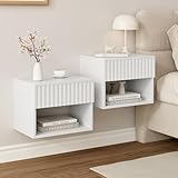 AURINEST Floating Nightstand Set of 2, Modern Wall Mounted Bedside Tables with Fluted Drawer, Night Stand Small End Table with Open Storage Shelf for Bedroom, Living Room, Small Spaces, White