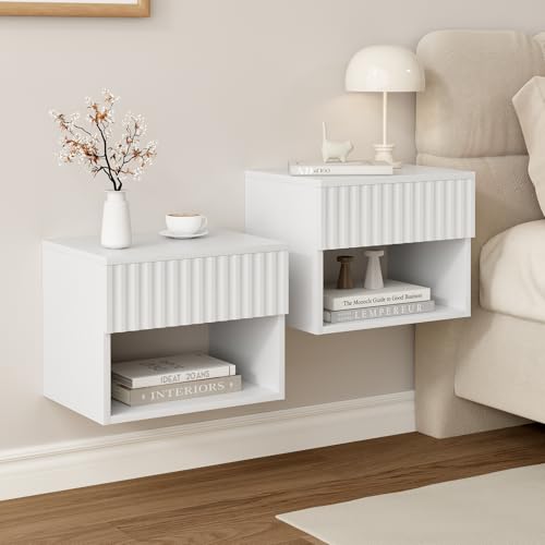 AURINEST Floating Nightstand Set of 2 Modern Wall Mounted Bedside Tables with Fluted Drawer Night Stand Small End Table with Open Storage Shelf for Bedroom Living Room Small Spaces White