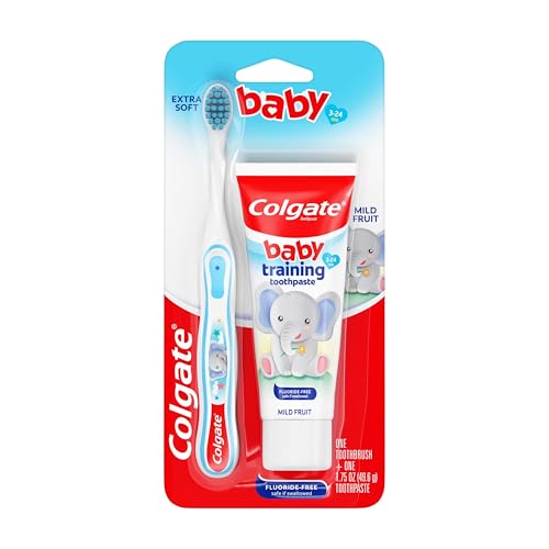 Colgate Baby Toothbrush and Baby Training Toothpaste, First Toothbrush for Ages 3-24 Months with Extra Soft Bristles, Mild Bubblefruit Flavor, Fluoride Free and Sugar Free Formula, Safe if Swallowed