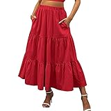 donne vintage elastico vita a-line lungo midi gonna tinta unita pieghe grande orlo base svasato gonne lunghe, red#1, s