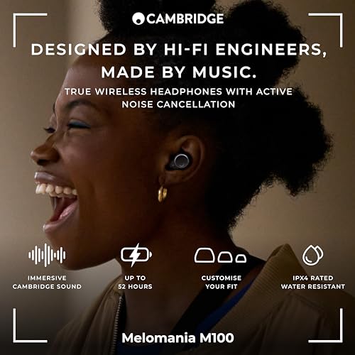 Cambridge Audio Melomania M100 Earbuds - in Ear True Wireless Headphones with Active Noise Cancelling, Hi-Fi Sound, Bluetooth, Featuring Combined 52 Hour Battery Life with Charging Case - Black