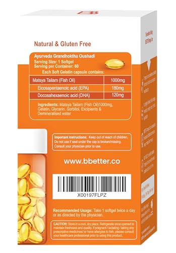 Image of BBETTER Omega 3 Fish Oil Capsules 1000mg | Lab Tested Fish Oil Capsules | Lab Report Attached |High Absorption for Heart, Joints, Eyes & Brain | No Fishy Burps |180 EPA :120 DHA | 60 Softgels