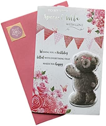 Special Wife Birthday Card with Love Cute Teddy Flowers Butterflies and Bunting Silver Foil with Envelope Sticker Seal - Large 30 x 19.5cm