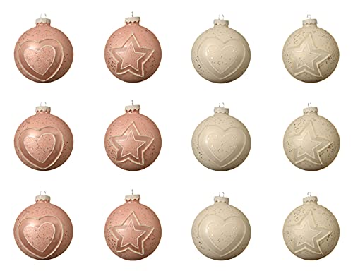 Kaemingk Weihnachtskugeln mit Motiven Glas 8cm x 12 Stück Herzen Sterne Christbaumkugeln rosa weiß