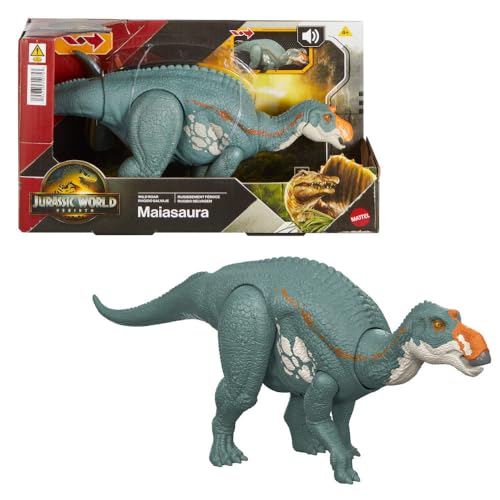 Mattel Jurassic World Rebirth Wild Roar Maiasaura Dinosaur Toy with Tail-Controlled Chomp Multi-Direction Attack & Sound, Posable & Digital Play
