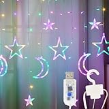 Star Moon Curtain Lights 138 LED, 7.5ft USB Powered Fairy String Lights with 8 Modes, Colorful (Pink Purple Green Warm White) Window Hanging Lights for Bedroom Kids Room Ramadan Eid Party Decor