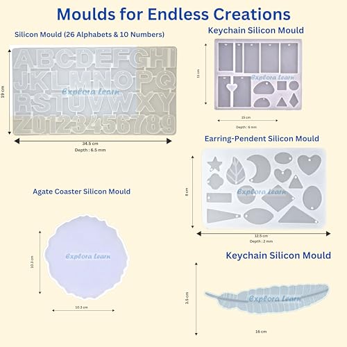 Image of exploralearn Resin Art Kit - DIY Alphabet, Jewelry, Keychains, Coasters & Bookmark with 300 gm Resin, Moulds, Dry Flowers & Stickers | Multicolor
