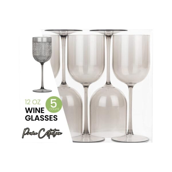 Blue Sky Smokey Grey Plastic Wine Goblets (5-Pack) - 12oz Elegant Disposable & Reusable Cups for Parties and Events