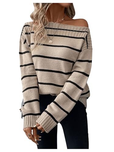 MakeMeChic Women's Striped Off The Shoulder Sweater Long Sleeve Knit Sweater Tops