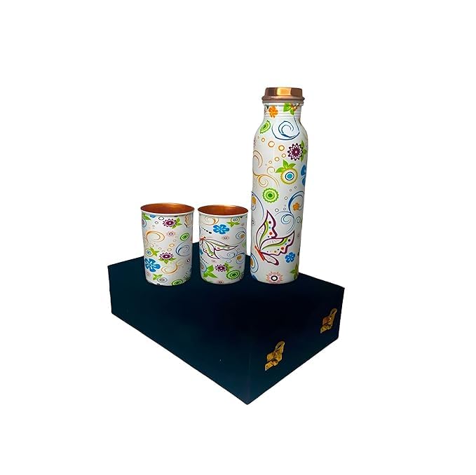 Image of Copper Water Bottle 1 Ltr | Copper Water Bottle with Glass Set | Meena Work | 100% Pure | Leak-Proof | 2 Water Glass 300ml each | Best for Gifting ((Meena - Butterfly))