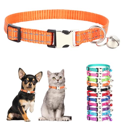 Hot Pink Xs Dog Collar Girl with Bell, Reflective Nylon Girl Cat Collar with Bell, Small Dog Collar for XXS Xs Tiny Little Pet Neck 7.5-11 Inch Orange XS for Neck 7.5-11"
