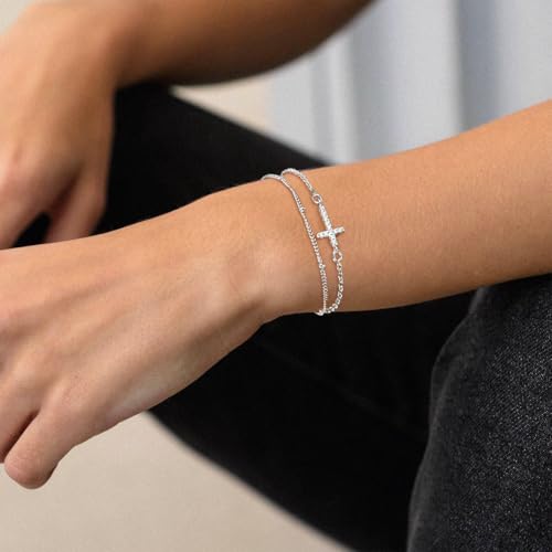 Layered Cross Bracelet for Women Adjustable 14K Gold Silver Plated Dainty CZ Sideways Cross Bracelet Beaded Satellite Double Chain Stack Bracelet for Women Faith Jewelry Religious Christian Gift3