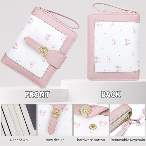 Womens Wallet Cute Small Wallets for Women Pink Coquette Minimalist Ladies Purse with Key Chain Wallet Bow Design Mini Kawaii Coin Purse with ID Window3