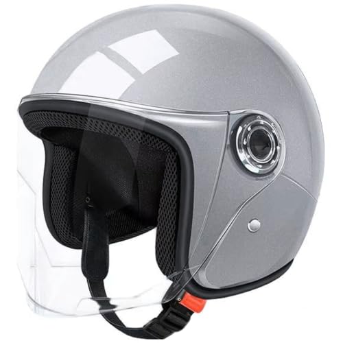 Casco de scooter de cara abierta gris con visera y lente antivaho para moto