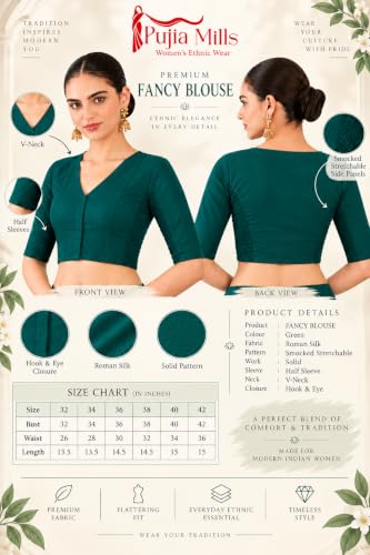 Image of Pujia Mills Women's Taffeta Silk V Neck Smocked Stretchable Readymade Saree Blouse for Women Stylish