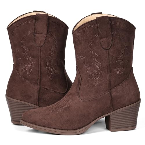 Image of IXU Cowboy Boots for Women Ankle Cowgirl Booties Wide Mid Calf Pointed Toe Western Boots Short Chunky Classic Booties
