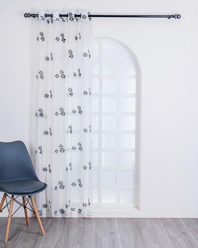 Image of (7 ft Sheer Tissue with Embroidery 3 Flower Design|Grommet Curtains Window Long Curtain|Tissue Fabric Window Single Curtain (Black&White)|for Home|(Pack of 1)|213 L X 121 W cm