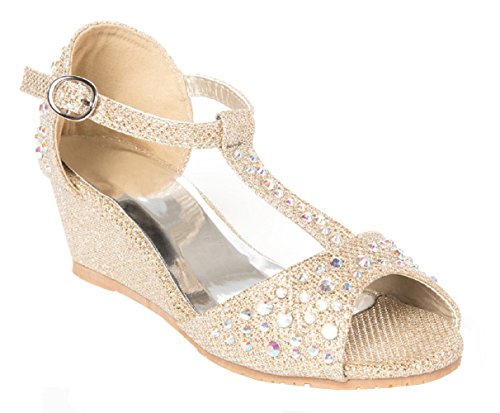 Olivia K Girls Glitter and Rhinestone Open Toe Wedge Heel (Toddler/Little Girl), Gold Y4