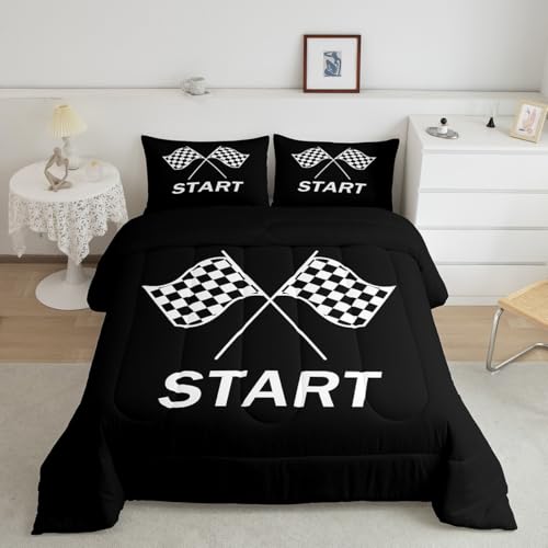 Image of Feelyou Kids Race Sports Flag Bedding Set Full Size, Racing Car Duvet Insert Checkered Flags Comforter Set Boys Girls Teens Bedroom Decor with 2 Pillow Case