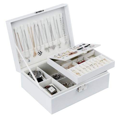 Leerweii Portagioie per donne e ragazze, organizer per gioielli a 2 strati in pelle PU con 2 cuscini per orologi, portagioie da viaggio con vassoio rimovibile per orecchini, anelli, collane, orologi,