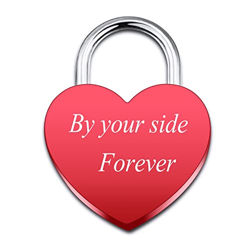 INBLUE Personalized Heart Shaped Lock Custom Engraving Name Date for Couple Boyfriend Girlfriend Him & Her Love Bridge Alloy Padlock with Key Valentine Relationship Lover Gift(Red Color)