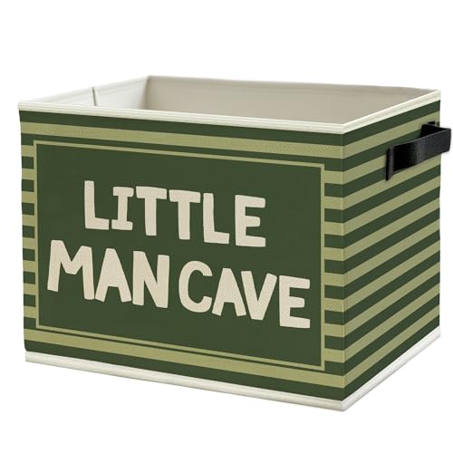 Image of Little Man Cave Boys Storage Bins Box with Handles, Olive Green Striped Boho Collapsible Basket Organizer for Kids Boys Playroom Nursery Room Bedroom Bathroom Books Clothes
