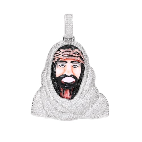 Men’s Hip Hop Enamel Jesus Face Pendant Necklace, Iced Out CZ Diamond Chain, Streetwear Jewelry with 3D Color Detail