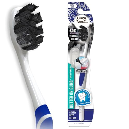 GuruNanda Butter on Gums Charcoal Toothbrush - 8 000+ Softex Bristles for Sensitive Teeth & Gums - BPA & Latex Free Teeth Whitening Toothbrush with Ergonomic Rubber Handle for Kids & Adults - 1 Count