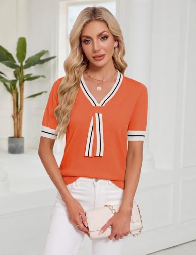 Image of Womens Knit Top Short Sleeve Sweater Work Summer Tops Cute Business Blouse | Lightweight Cute Bow Tie Sweater 2026 Chic V Neck Business Casual Outfits Tops