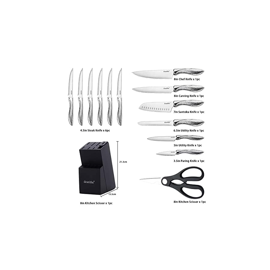 dearithe Knife Sets for Kitchen with Block, 14 Piece High Carbon Stainless Steel Knife Block Set with Built-in Sharpener, Professional Kitchen Knife Set, Hammered Pattern Hollowed Handle Design