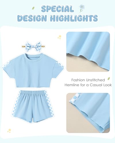 Image of SANMIO Toddler Girl Clothes Summer 3 Piece Outfits Cute | Short Sleeves Checkered Tops Shorts and Headband Girls Clothing Set
