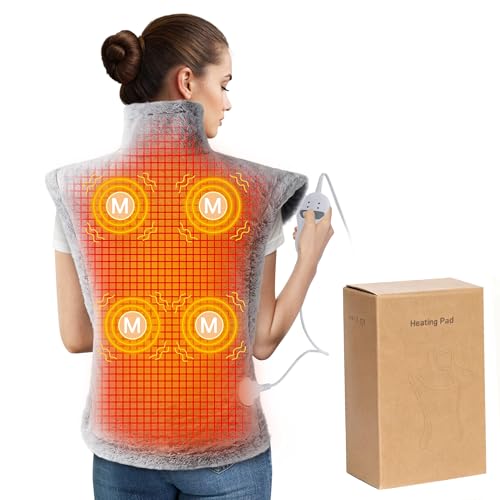 Massaging Heating Pad for Neck and Shoulders and Back, 24" x 35" Large Electric Heating Pad for Back Pain Relief with 3 Heat Levels, 4 Massage Settings, 2H Auto Shut-Off, 4 Massage Motors,Grey