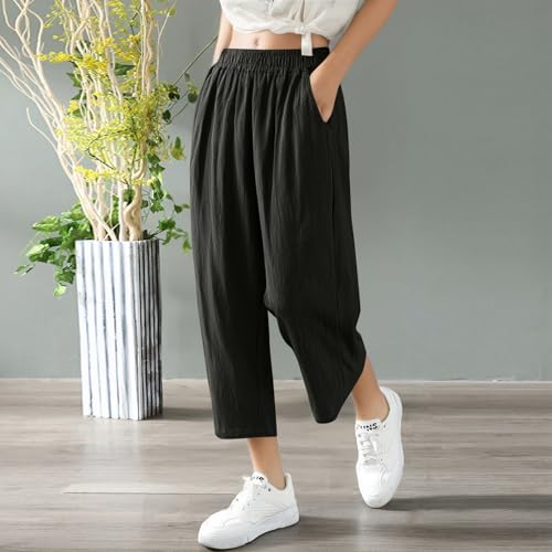Capri Pants for Women Casual Summer Wide Leg Cotton Linen Pants Elastic Waist Beach Cropped Trousers with Pockets2