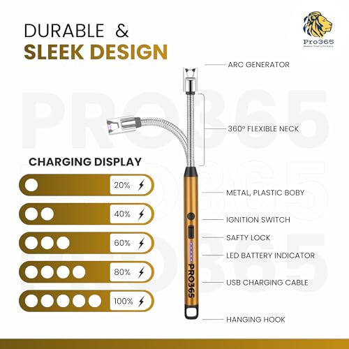 Image of PRO365 USB Rechargeable Electric Candle Lighter | Windproof Arc Lighter with 360 Flexible Neck | Safety Lock & LED Indicator | Flameless Kitchen & Outdoor Gas Lighter(Gold)