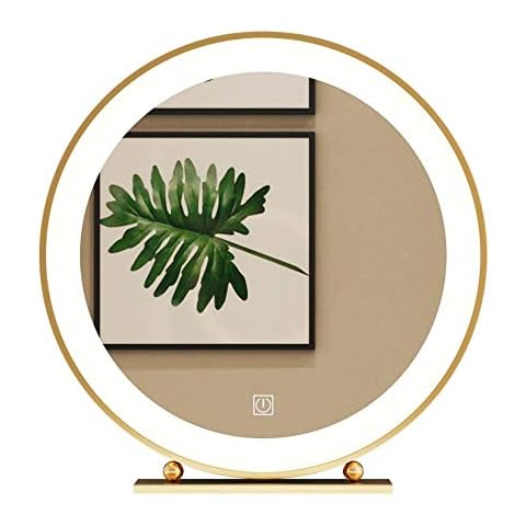 Makeup Mirror Gold Round Decorative Mirror Desktop Mirror Princess Mirror LED Illuminated Vanity Mirror 40 * 43/50 * 53cm Gold Mirror with Base Tri-color Touch LED Light Mirror Cover