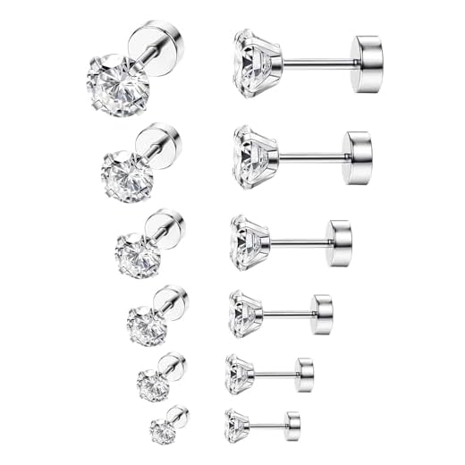 ORAZIO 6 Pairs 18G Stainless Steel Ear Stud Piercing Barbell Studs Earrings Round Cubic Zirconia Inlaid
