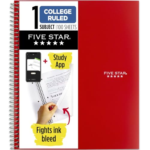 Five Star Spiral Notebook Plus Study App, 1 Subject, College Ruled Paper, 100 Sheets, 8-1/2' x 11', Fire Red (72053)