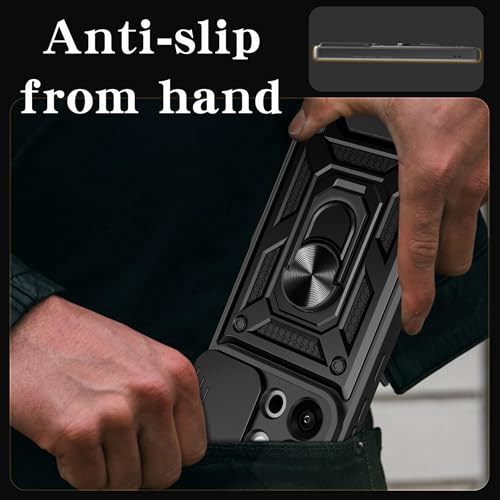 Image of Casodon Heavy Duty Back Case Cover for Nothing Phone 3A Lite 5G, Shockproof Nothing Phone 3A Lite Back Cover, Ring Case with Kickstand and Camera Protection Shutter - Black