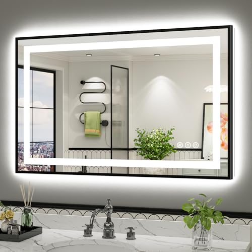 Image of 48x30 Inch LED Bathroom Mirror with Black Frame, Backlit & Front Lit, Anti-Fog Lighted Bathroom Vanity Mirror for Wall, Memory Function, Dimmable, HD Tempered Glass, Shatter-Proof