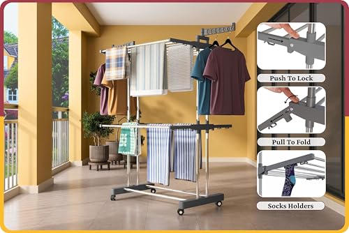 Image of Amiraj Premium Stainless Steel Clothes Drying Stand | 2 Tier 2 Pole Foldable Laundry Rack with Wheels & Sock Holder | Heavy Duty Indoor & Outdoor Cloth Dryer for Balcony, Terrace & Home - Gray