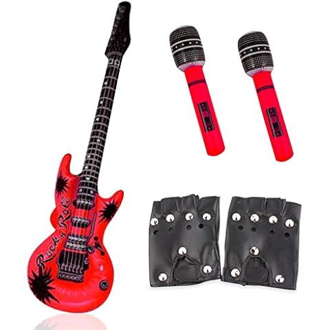 AYNKH 4 Stück Punk Rocker Party Kit, große aufblasbare Gitarre & Mikrofon, schwere Metall-Wipphandschuhe Cover