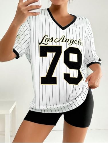 Oversized Jersey Shirts for Women V Neck Tshirt Striped Number Graphic Shirt Casual Y2k Streetwear Tee Tops4