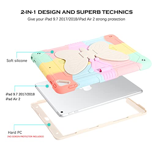 YINLAI for iPad 6th Generation Case iPad 9.7 Inch 5th Gen 2018/2017 /iPad Air 2/ Pro 9.7 Tablet Case with Butterfly Kickstand Pencil Holder Girls Kid Shockproof Protective Cover,Colorful Rose Gold - Image 2