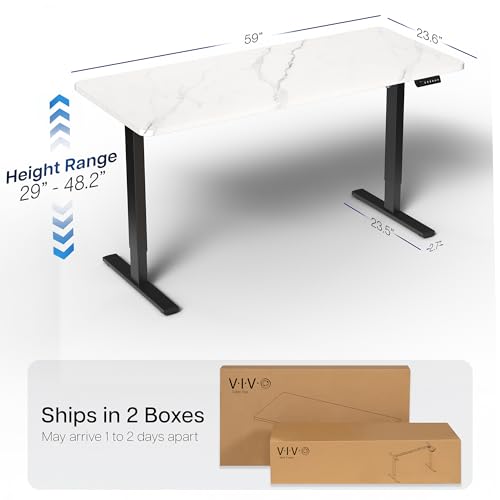 Image of VIVO Marble Dry Erase 60 x 24 in Standing Desk, DESK-KIT-1B6WM | Electric, Holds 220 lbs, Sit Stand, Height Adjustable Whiteboard Marble Pattern Table, One-Piece Top, 1B Series, Black Frame