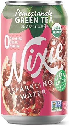Nixie Sparkling Water, Pomegranate Green Tea, Lightly Caffeinated (15mg) | 12 fl oz cans, 24 pack | Organic, Non-GMO, 0 Calories, 0 Sugar, 0 Sodium