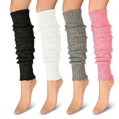 4 Paar Winter Stulpen Damen 40cm, Gestrickte Leg Warmers, Beinstulpen, Stulpen Für Damen, Beinwärmer, Legwarmers, Für Ballett, Tanz, Yoga, Alltag, Geschenke Für Frauen (Weiß/Schwarz/Grau/Rosa)