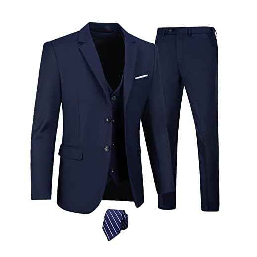 Furuyal Conjunto de terno masculino de 3 peças, caimento justo, dois botões para casamento, smoking de negócios, jaqueta, colete e calça com gravata, Azul-marinho, 3G