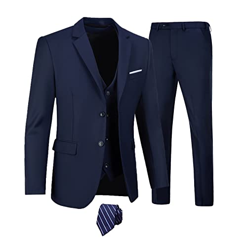 Furuyal Herren Anzüge 3-teiliges Slim Fit Anzug-Set, Zwei Knöpfe, Hochzeit, Business, Smoking, solide Blazer, Jacke, Weste, Hose mit Krawatte, Marineblau, L