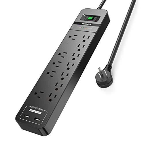 USB Power Strip Surge Protector(2390Joules), Huntkey 12 AC Power Strip with USB Ports Black 6 ft Long Flat Plug for Computer, Kitchen appliances & Office